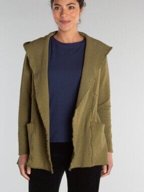 Cut Loose Green Hooded Jacket Open Front Seersucker Cotton Size Small